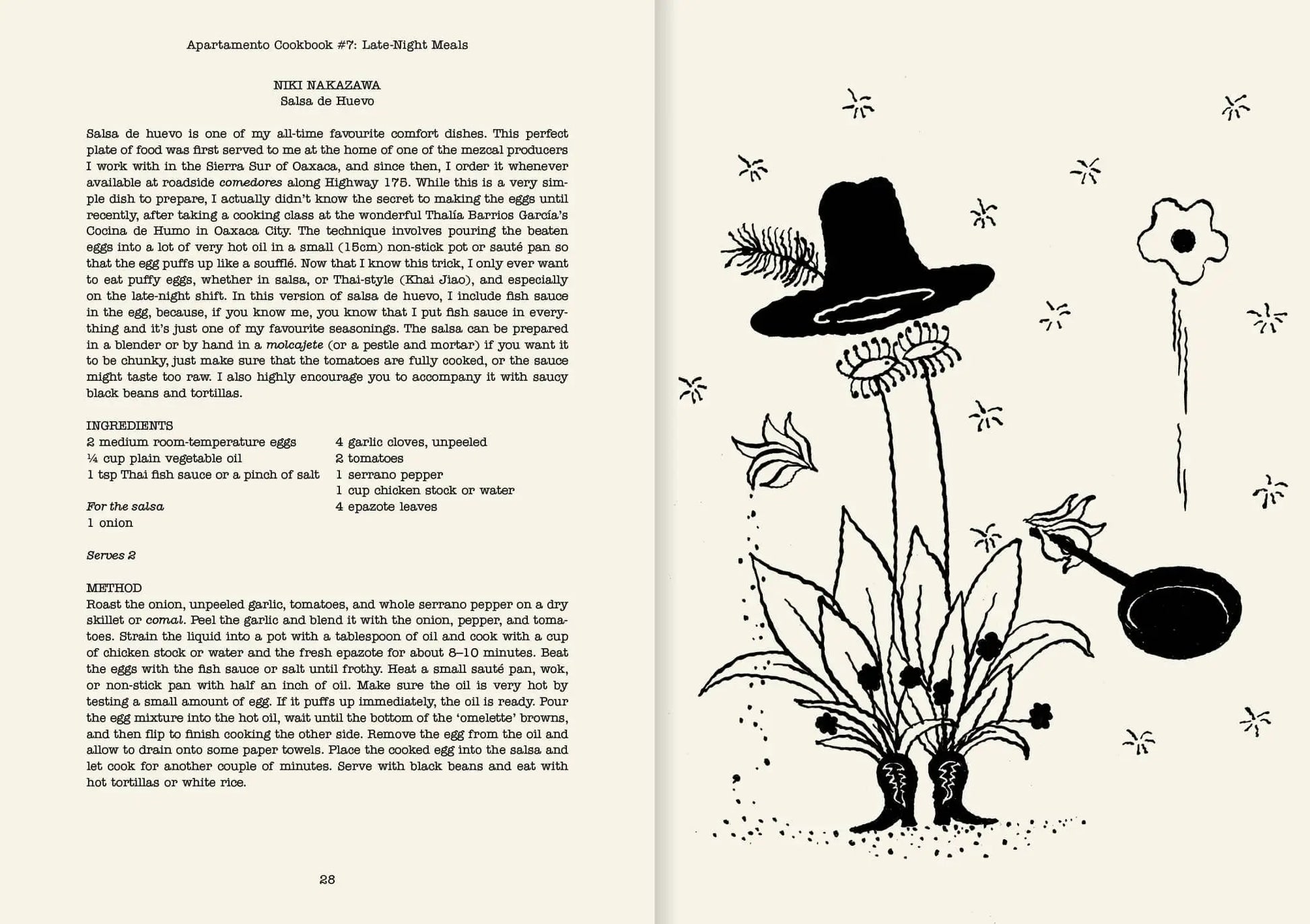 A spread from Apartamento Cookbook #7: Late-Night Meals shows a “Niki Nakayama: Saba de Beurre” recipe on the left and a quirky black-and-white drawing of fish, a hat, and plants on the right. Brand: Apartamento.