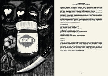 A black-and-white illustration shows a jar of Vegemite, a knife, faces, and a plant on a dark background. Beside it, a recipe appears for A Very Good Vegemite Sandwich in Apartamento Cookbook #9: Sandwiches! from Apartamento.