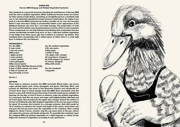 A page from Apartamento Cookbook #9: Sandwiches! by Apartamento shows a Korean BBQ bulgogi sandwich recipe on the left and, on the right, a black-and-white drawing of a duck with human arms and legs sitting cross-legged.