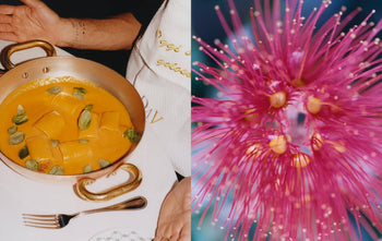 A split image: left, a pan of pasta evoking Italian Riviera flavors; right, a vivid pink-yellow flower. Discover more in Apartamento LIGURIA: Recipes & Wanderings Along the Italian Riviera by Apartamento.