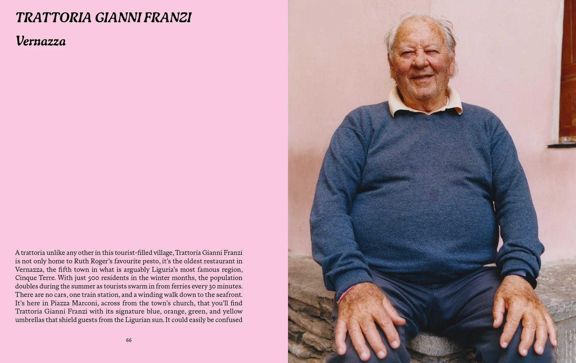 A smiling elderly man in a blue sweater sits on a stone bench, hands on his knees. Pink text highlights Apartamento LIGURIA: Recipes & Wanderings Along the Italian Riviera by Apartamento, celebrating Liguria’s vibrant culinary scene.