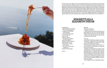 A hand with a fork twirls spaghetti above a white plate, set against the blue sea and sky of the Italian Riviera. On the right, a recipe for Spaghetti alla Elizabeth Taylor from Apartamento LIGURIA: Recipes & Wanderings Along the Italian Riviera is shown.