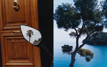 On the left, a palm tree reflects in a motorcycle mirror before a wooden door; on the right, a tall tree overlooks blue water—scenes from Apartamento LIGURIA: Recipes & Wanderings Along the Italian Riviera by Apartamento.