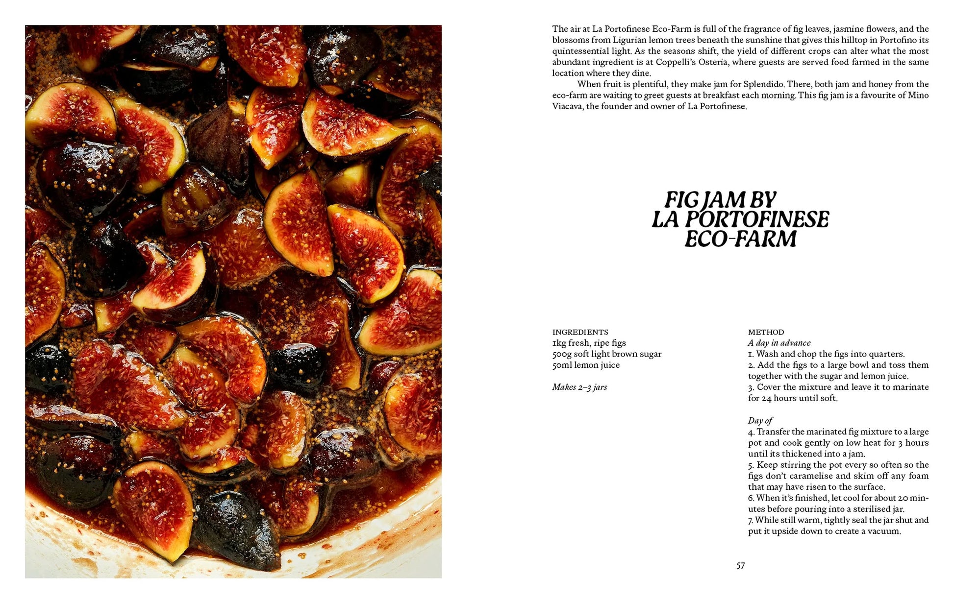 Close-up of sliced figs in syrup for fig jam, surrounded by glossy liquid. Recipe text from Apartamento LIGURIA: Recipes & Wanderings Along the Italian Riviera highlights Ligurias vibrant food culture. Brand: Apartamento.