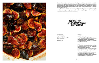 Close-up of sliced figs in syrup for fig jam, surrounded by glossy liquid. Recipe text from Apartamento LIGURIA: Recipes & Wanderings Along the Italian Riviera highlights Ligurias vibrant food culture. Brand: Apartamento.