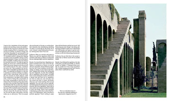 A two-page spread from Apartamento La Fábrica, Ricardo Bofill by Apartamento shows black text on a white left page, and a photograph of concrete stairs and arches at Bofill’s iconic industrial reuse project on the right.