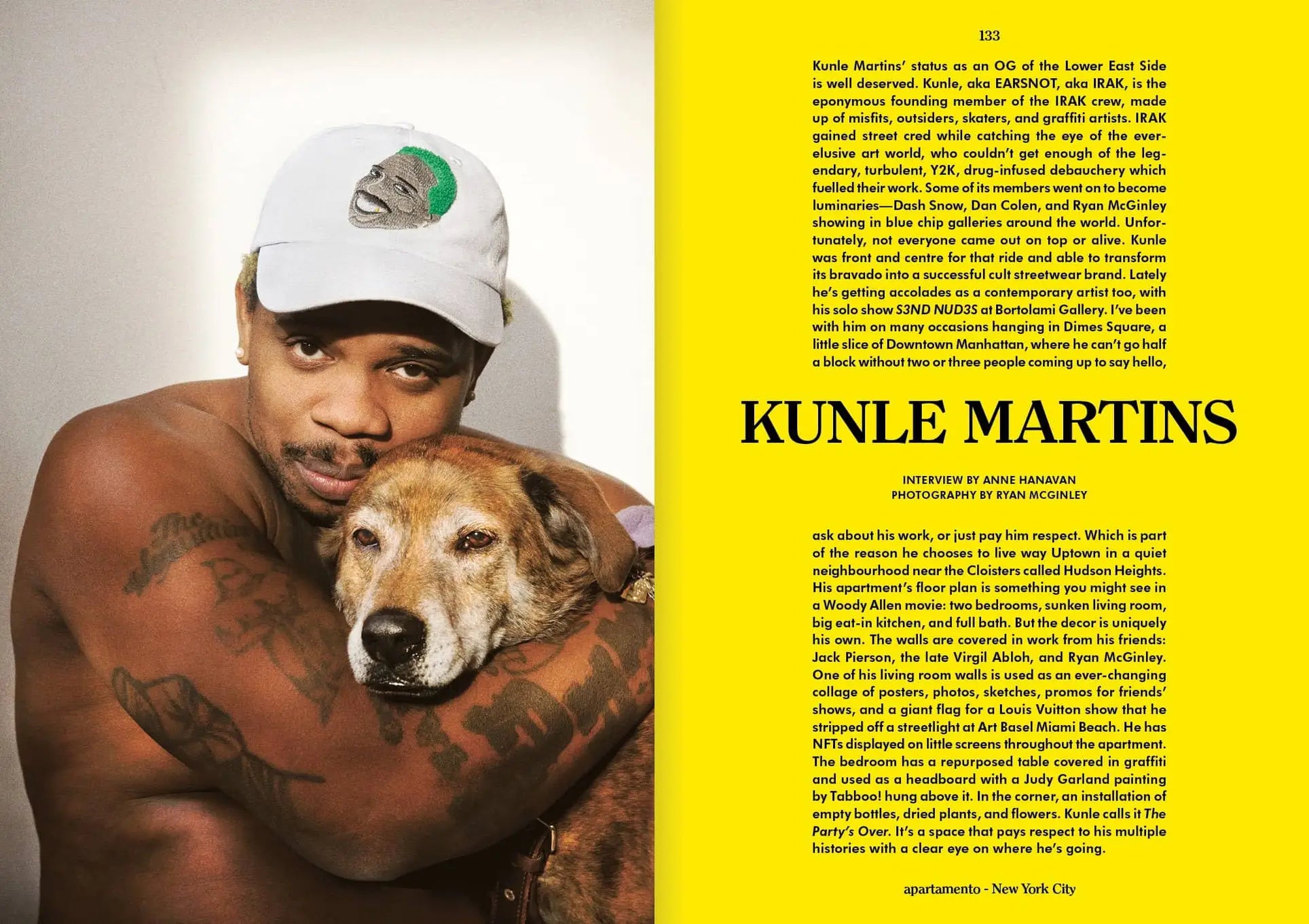 A shirtless man in a white hat hugs a brown dog as they look at the camera. On the right, a yellow background features black text about Kunle Martins and Spring/Summer 2022 for Apartamento Magazine Issue #29 by Apartamento.