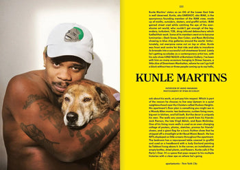 A shirtless man in a white hat hugs a brown dog as they look at the camera. On the right, a yellow background features black text about Kunle Martins and Spring/Summer 2022 for Apartamento Magazine Issue #29 by Apartamento.
