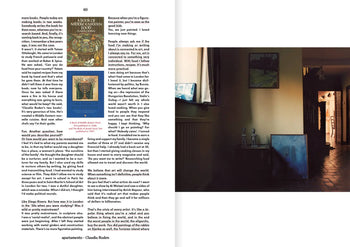 A page from Apartamento Magazine Issue #29 features book covers like Eleven Stories about Food on the left, while the right shows a dimly lit room with yellow walls, a window, and Siwa Oasis-inspired paintings.