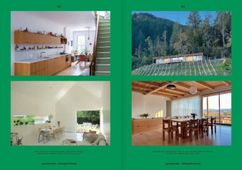 A two-page spread in Apartamento Magazine Issue #29 by Apartamento showcases four images—modern kitchen, house among trees, bright living room, wood-accented dining room—bordered in vivid green with captions inspired by Eleven Stories about Food: Spring/Summer 2022.