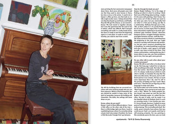 A woman sits on a bench by an upright piano, surrounded by abstract art inspired by Tal R. Beside her, an open Apartamento Magazine Issue #31 (Apartamento) displays a Spring Summer 2023 art feature and text column.