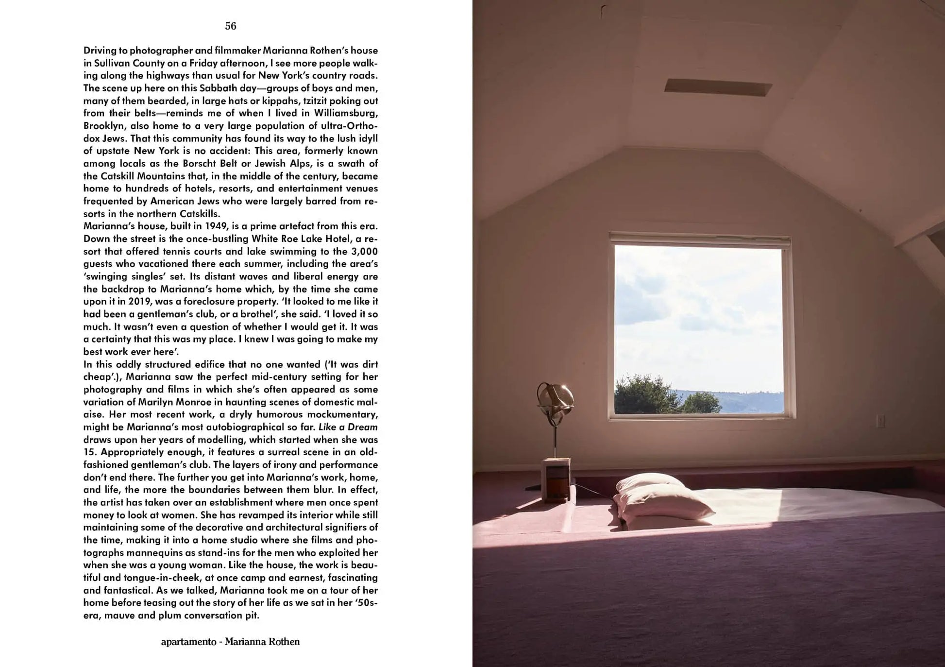 A page from Apartamento Magazine Issue #32 by Apartamento features text and a Kazuo Shinohara–inspired room with pink carpet, low bed, and a window overlooking trees and water in the serene Autumn/Winter 2023-24 collection.