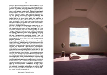 A page from Apartamento Magazine Issue #32 by Apartamento features text and a Kazuo Shinohara–inspired room with pink carpet, low bed, and a window overlooking trees and water in the serene Autumn/Winter 2023-24 collection.