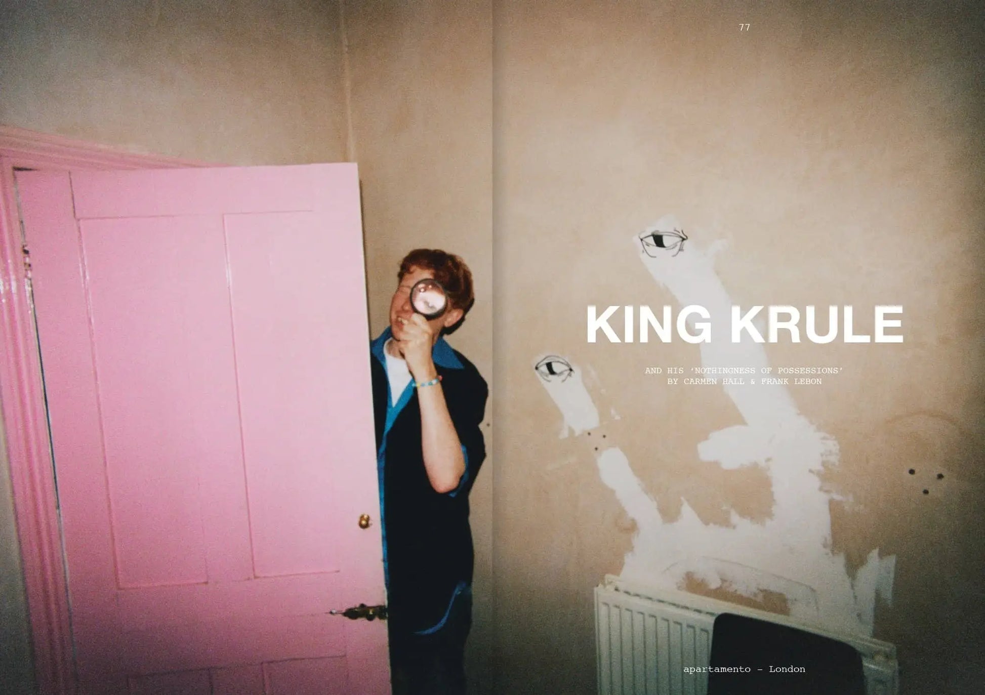 A person stands half-hidden behind a pink door, flashlight in hand, with two eyes drawn on the beige wall and radiator below. Large white text reads Apartamento above Magazine Issue #32 and smaller brand details.