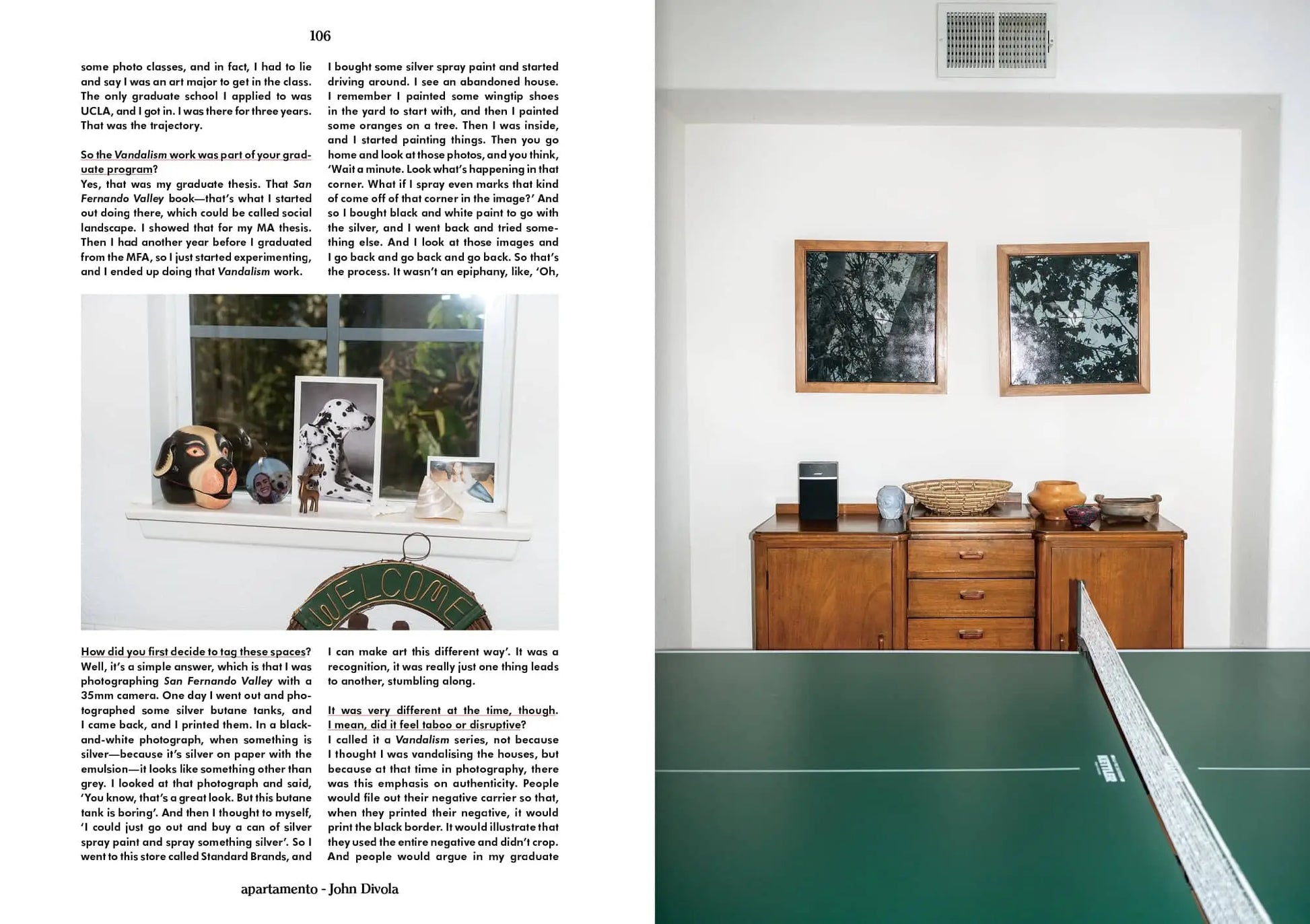 A split-page image: left side shows Apartamento Magazine Issue #32 (Autumn/Winter 2023-24) with text and a tabletop display; right side features a green ping pong table, furniture, and framed art, including one inspired by Tom of Finland.