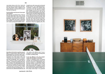 A split-page image: left side shows Apartamento Magazine Issue #32 (Autumn/Winter 2023-24) with text and a tabletop display; right side features a green ping pong table, furniture, and framed art, including one inspired by Tom of Finland.
