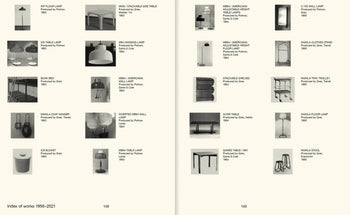 A catalog spread from Apartamento Miguel Milá: A Life in Design features small photos and details of lamps, tables, coat hangers, and buckets by famous designers—each labeled with designer, producer, year—and works by Miguel Milá (1956–1985).