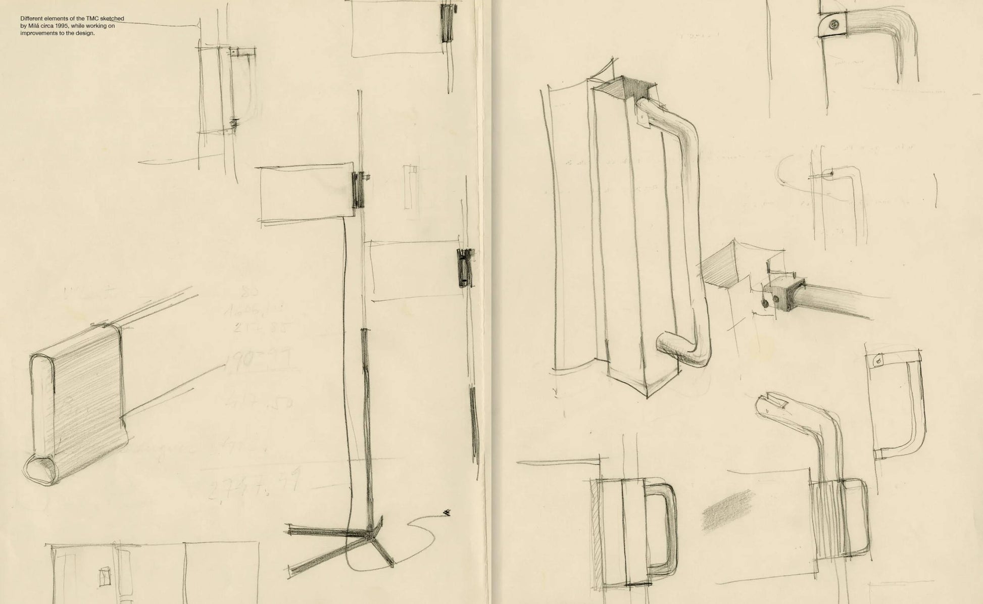 Pencil sketches of rectangular and tubular hardware, echoing Miguel Milá’s lighting and furniture designs, are featured in Apartamento Miguel Milá: A Life in Design by Apartamento, revealing technical details from various angles.