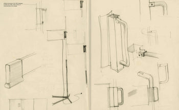 Pencil sketches of rectangular and tubular hardware, echoing Miguel Milá’s lighting and furniture designs, are featured in Apartamento Miguel Milá: A Life in Design by Apartamento, revealing technical details from various angles.
