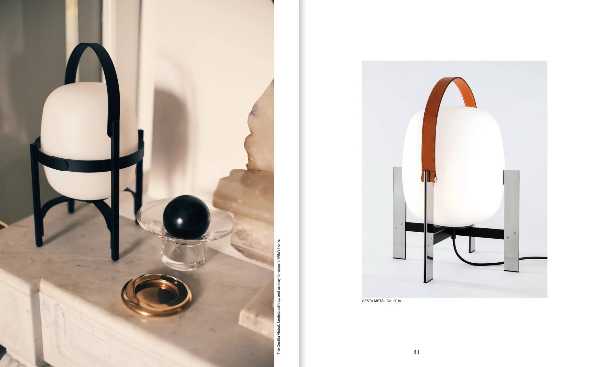Apartamento’s Miguel Milá: A Life in Design from Apartamento features stylish lamps with oval white glass shades—one with a black frame, the other with a metal frame and brown handle—showcased on minimal white surfaces.