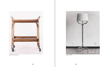 Two-page spread: left page shows a wicker trolley with two shelves and wheels; right page features Apartamento Miguel Milá: A Life in Design by Apartamento, highlighting timeless lighting and furniture from designer Miguel Milá.