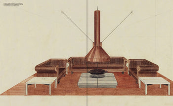 A hand-drawn interior sketch features four brown couches around a central fireplace with a copper chimney, evoking the style of Apartamento’s book Miguel Milá: A Life in Design, all set on a reddish floor.