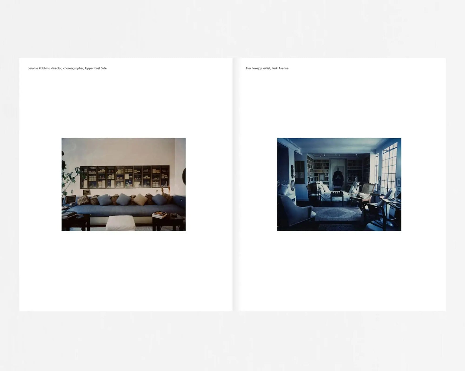 Inspired by “Apartamento New York Living Rooms” by Dominique Nabokov, two pages feature centered photos: a light, modern space with a long sofa on the left; and on the right, a cozy classic room lit by a fireplace.