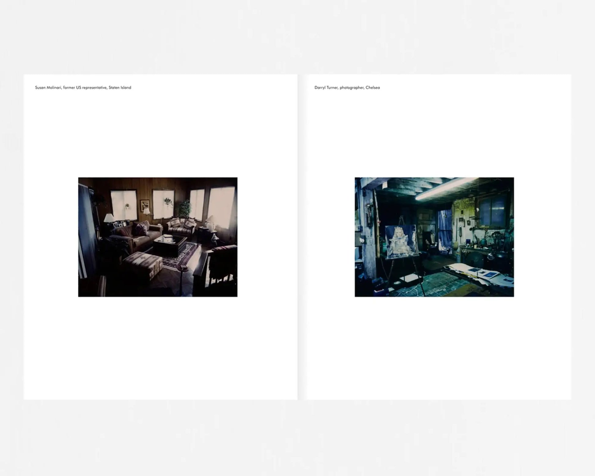 Two photos on white: left, Dominique Nabokov’s dimly lit, cluttered living room in her signature style; right, a messy studio recalling “Apartamento New York Living Rooms.” Artist names and titles labeled above. Brand: Apartamento.