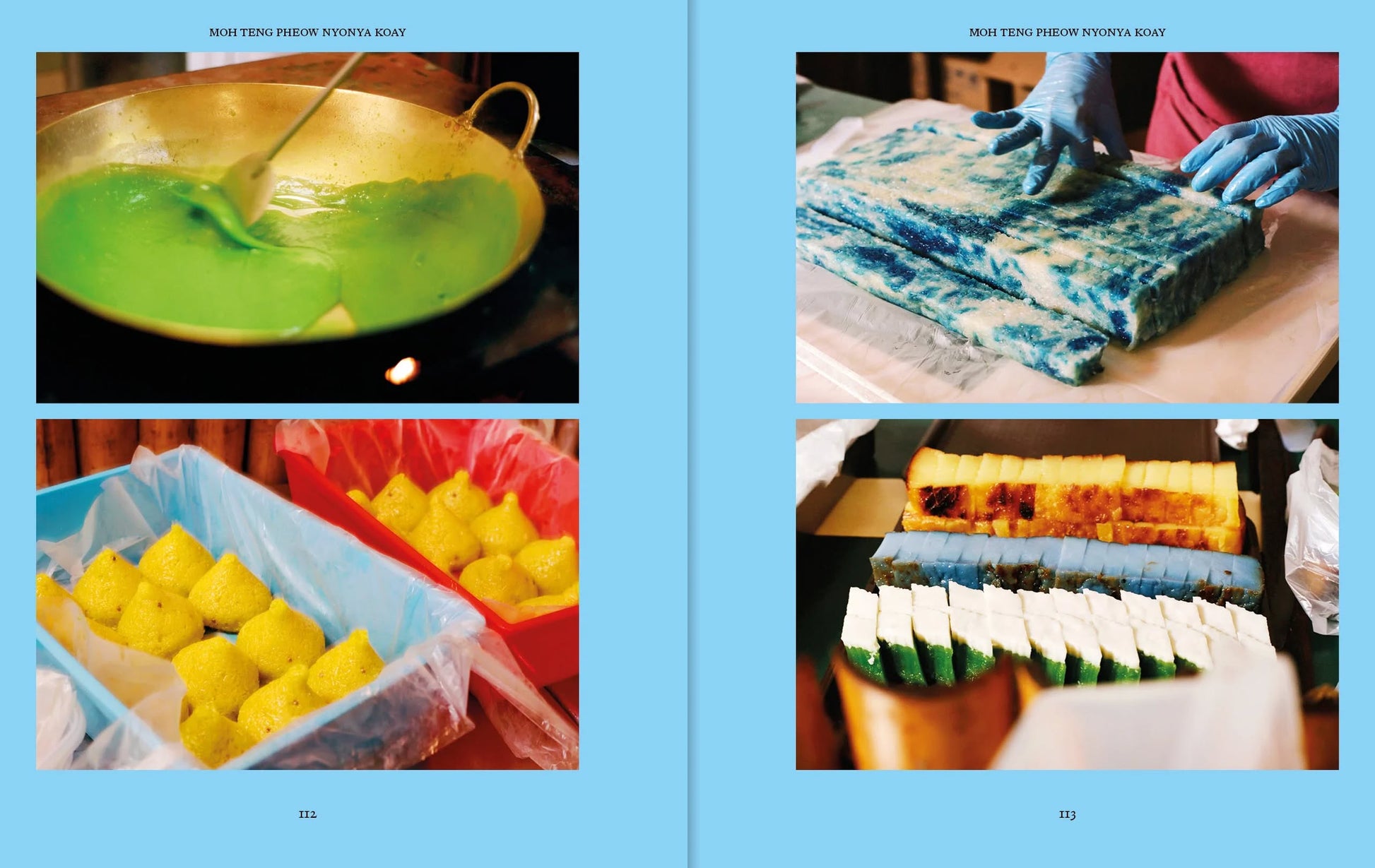 A collage for Apartamento PENANG: Recipes & Wanderings Around an Island in Malaysia shows green liquid in a pan, hands pressing marbled dough, yellow treats in a red tray, and vibrant Malaysian dishes on a blue background.