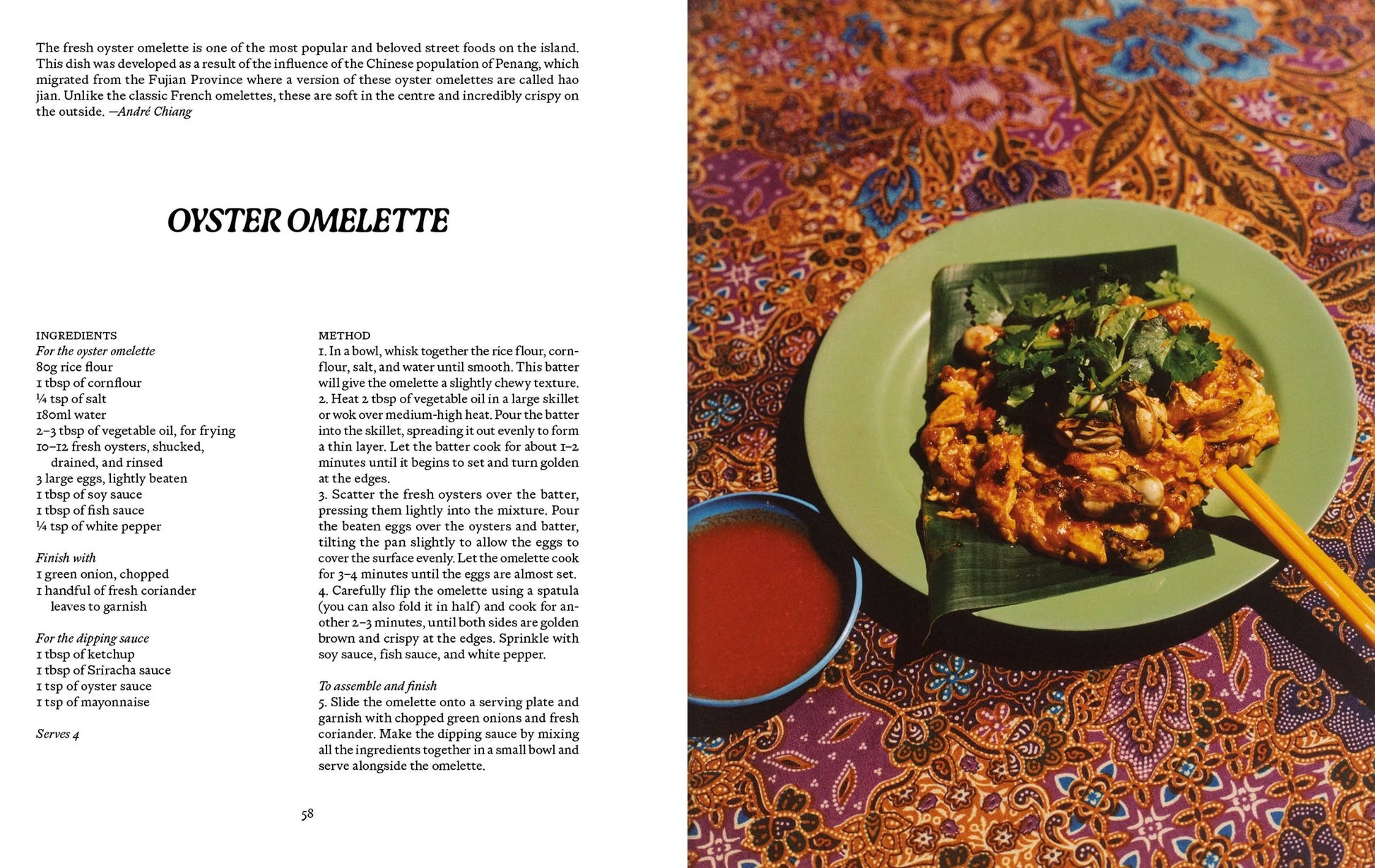 A plate of oyster omelette on banana leaf sits on a green dish with red dipping sauce, illustrating Penang cuisine. The left page features a recipe from Apartamento PENANG: Recipes & Wanderings Around an Island in Malaysia by Apartamento.