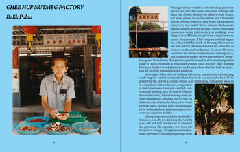 An elderly man sits at a table with trays of nutmegs outside the Ghee Hup Nutmeg Factory in Penang—a scene featured in Apartamento PENANG: Recipes & Wanderings Around an Island in Malaysia by Apartamento.