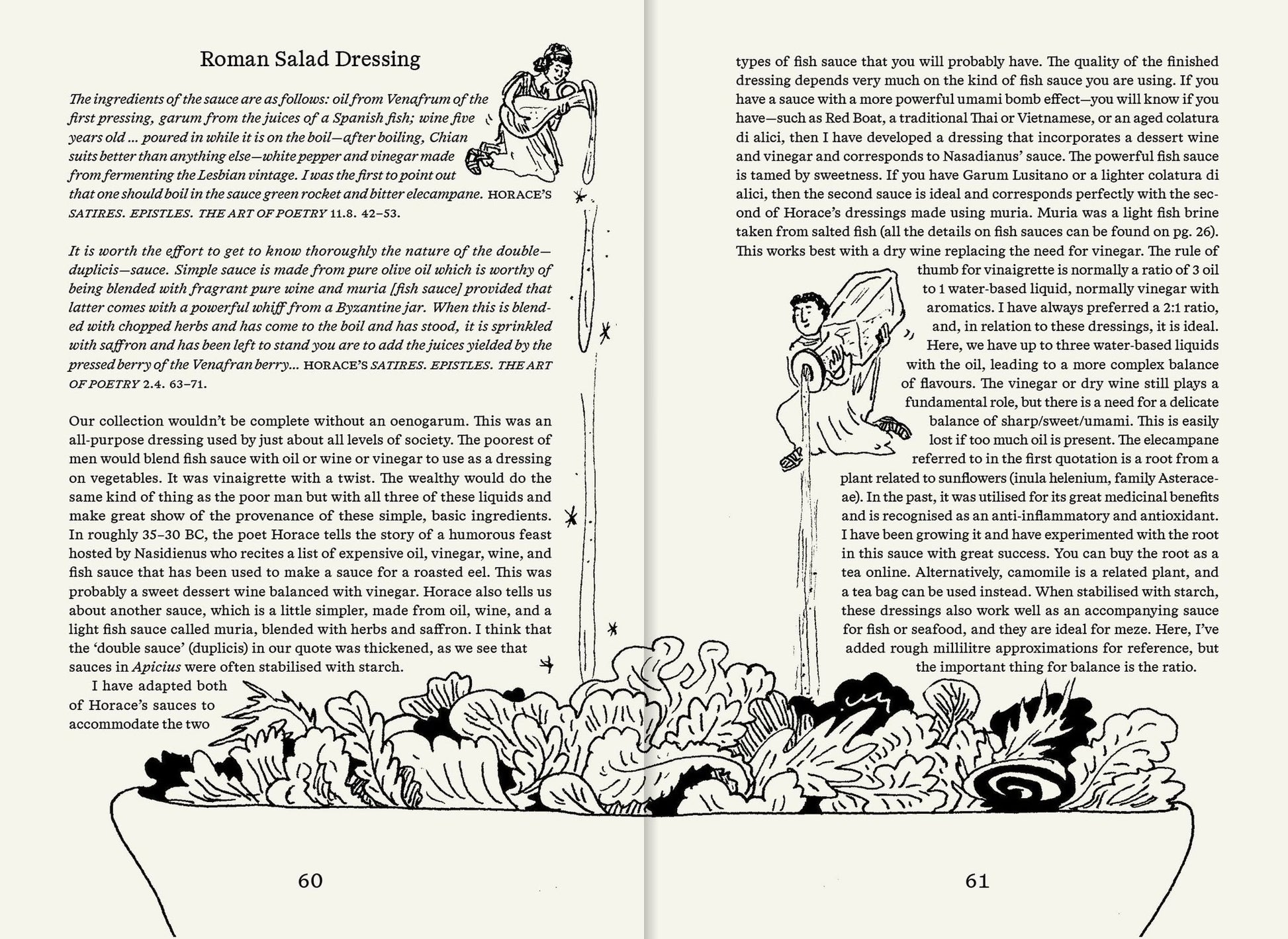 A spread from Apartamentos Roman Recipes for Modern Cooks showcases text on Roman salad dressing with black-and-white art of a winged figure and leafy greens, highlighting Roman flavors. Pages 60–61 are noted at the bottom.