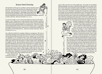 A spread from Apartamentos Roman Recipes for Modern Cooks showcases text on Roman salad dressing with black-and-white art of a winged figure and leafy greens, highlighting Roman flavors. Pages 60–61 are noted at the bottom.