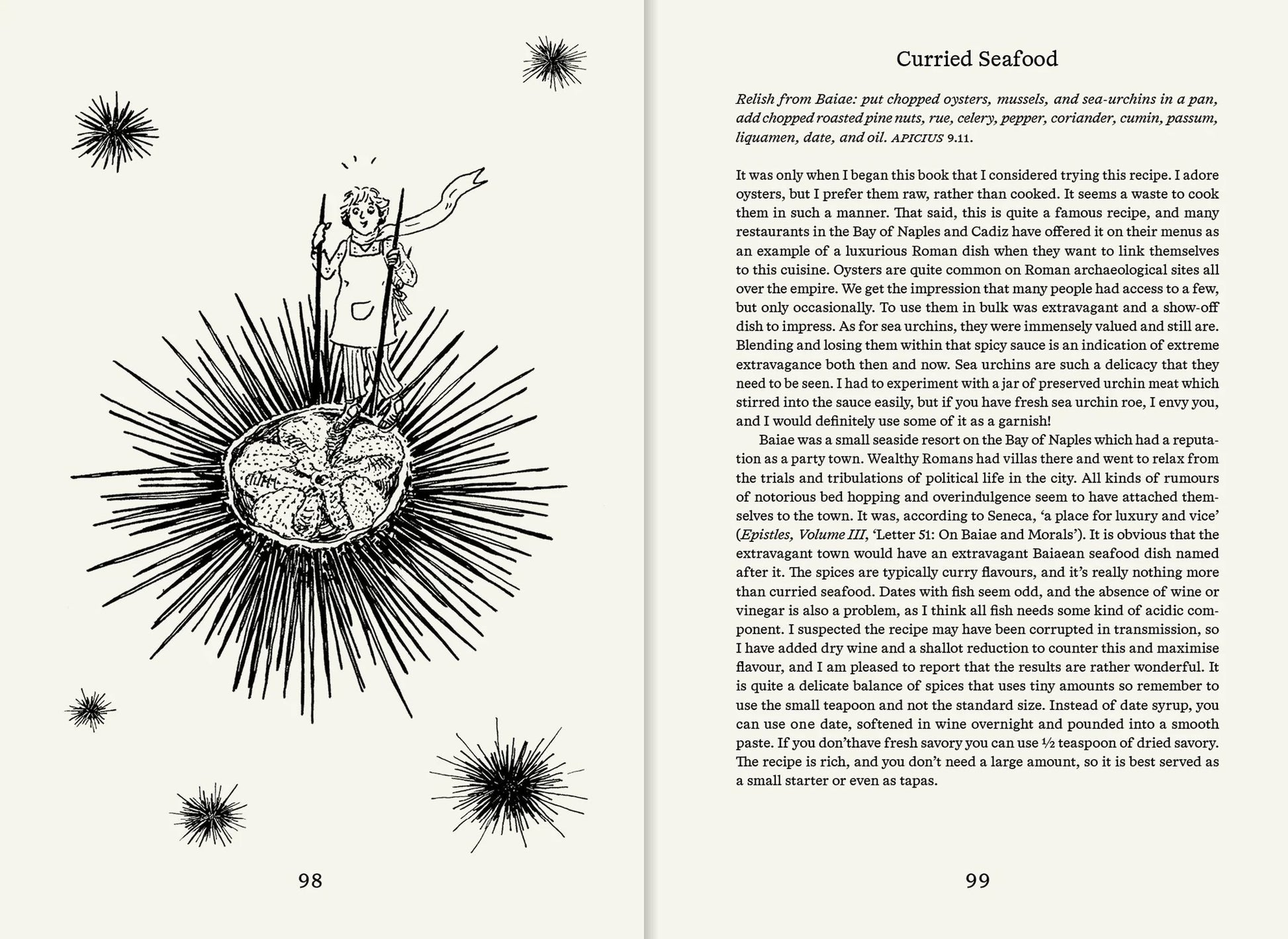 A black-and-white illustration from Apartamento Roman Recipes for Modern Cooks by Apartamento shows a person on a sea urchin holding a fork. The page includes text, a Curried Seafood recipe, and decorative starburst motifs.