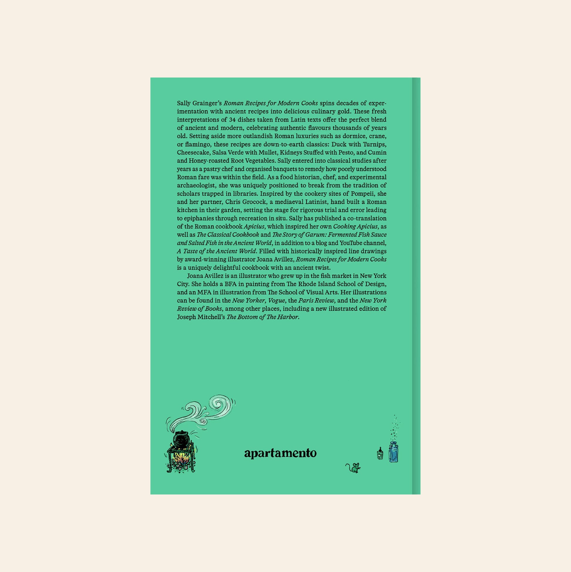 A green back cover for Apartamento Roman Recipes for Modern Cooks features a black cauldron illustration with steam and ingredients, descriptive text about the book, and the Apartamento brand name at the bottom.