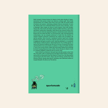 A green back cover for Apartamento Roman Recipes for Modern Cooks features a black cauldron illustration with steam and ingredients, descriptive text about the book, and the Apartamento brand name at the bottom.