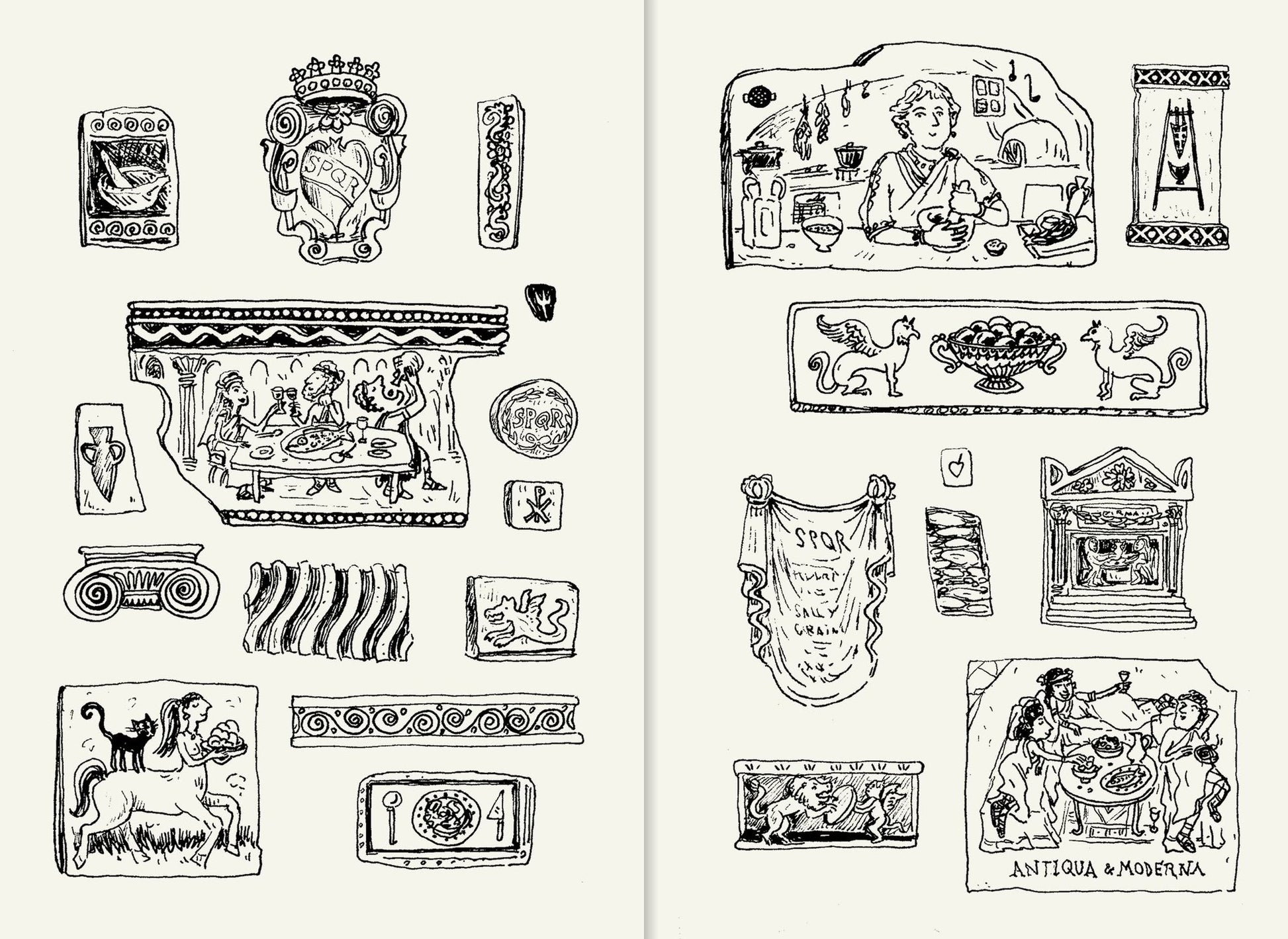 Discover hand-drawn illustrations of ancient Roman artifacts—from mosaics to pottery—in Apartamento’s Roman Recipes for Modern Cooks, perfect for inspiring cookbooks or reimagining classic cuisine with a historical touch.
