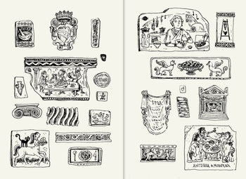 Discover hand-drawn illustrations of ancient Roman artifacts—from mosaics to pottery—in Apartamento’s Roman Recipes for Modern Cooks, perfect for inspiring cookbooks or reimagining classic cuisine with a historical touch.