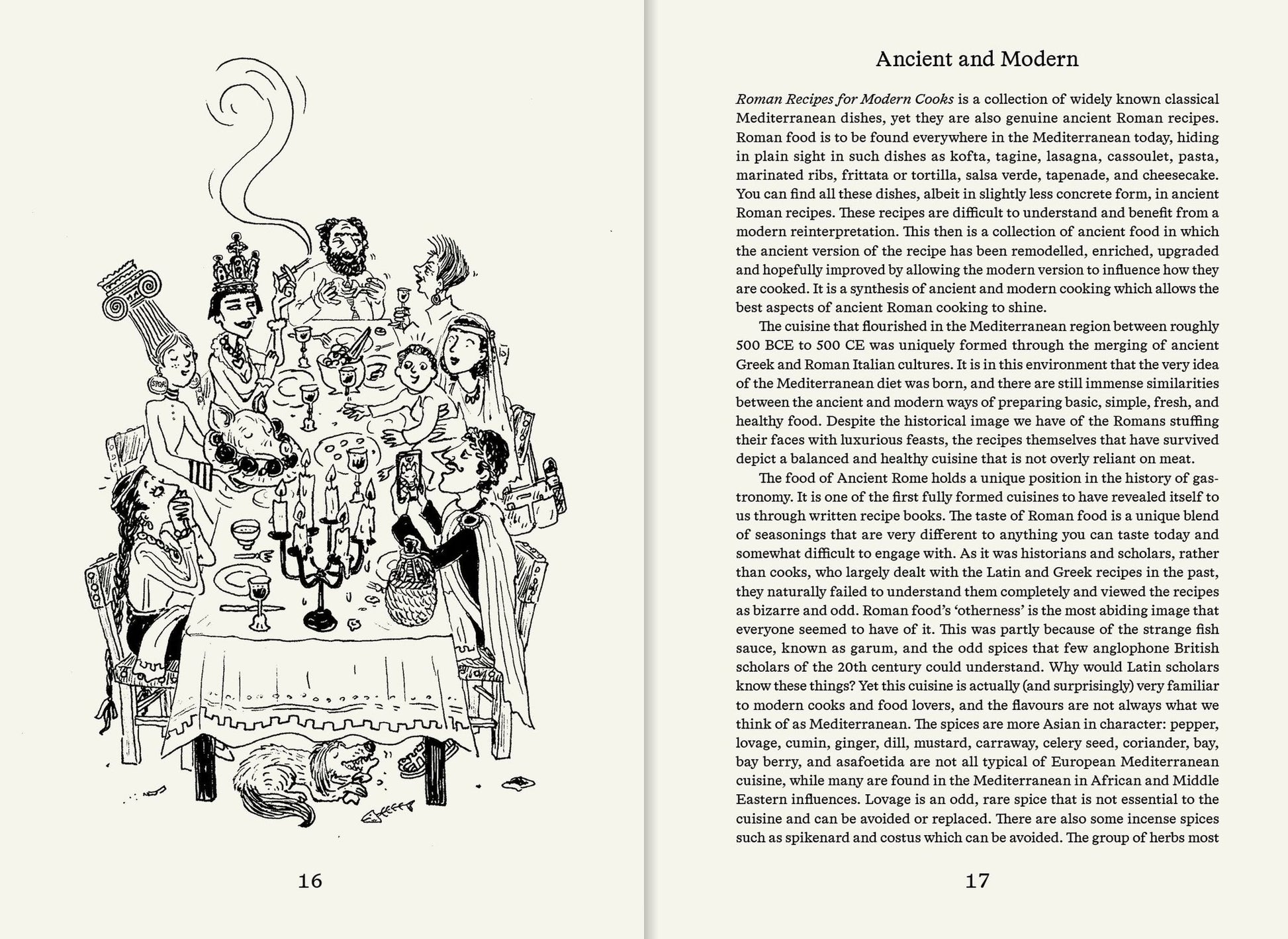 A black-and-white illustration shows people in ancient Roman attire dining together; the adjacent text from Apartamento Roman Recipes for Modern Cooks by Apartamento explores Roman cuisine and Mediterranean dishes, ideal for history-inspired cookbooks.