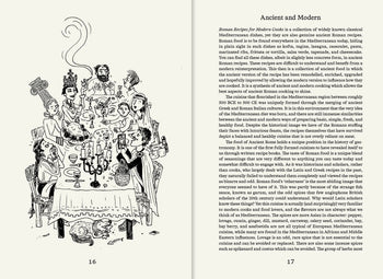 A black-and-white illustration shows people in ancient Roman attire dining together; the adjacent text from Apartamento Roman Recipes for Modern Cooks by Apartamento explores Roman cuisine and Mediterranean dishes, ideal for history-inspired cookbooks.