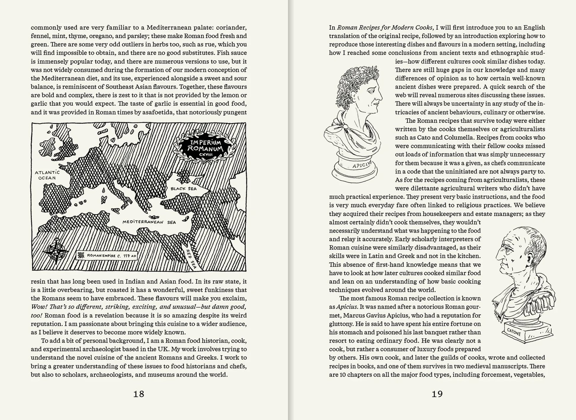 An open book, Apartamento Roman Recipes for Modern Cooks by Apartamento, shows pages 18–19: a Mediterranean map titled IMPERIAL-ROMAN EXPANSION, a bust illustration, and text on Roman cuisine and ancient cookbook traditions.