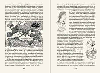 An open book, Apartamento Roman Recipes for Modern Cooks by Apartamento, shows pages 18–19: a Mediterranean map titled IMPERIAL-ROMAN EXPANSION, a bust illustration, and text on Roman cuisine and ancient cookbook traditions.