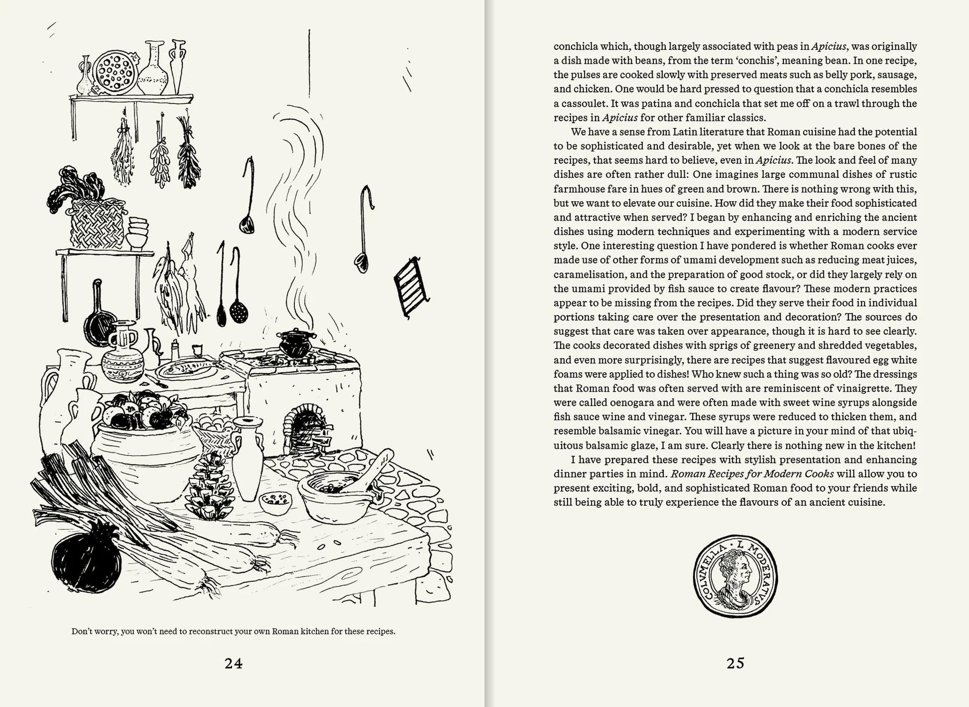 A black and white illustration of a Roman kitchen, with shelves of jars, bowls, herbs, and hanging meats, alongside cookbook-style text on Roman cuisine and modern recipes from Apartamento’s Roman Recipes for Modern Cooks.