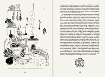 A black and white illustration of a Roman kitchen, with shelves of jars, bowls, herbs, and hanging meats, alongside cookbook-style text on Roman cuisine and modern recipes from Apartamento’s Roman Recipes for Modern Cooks.