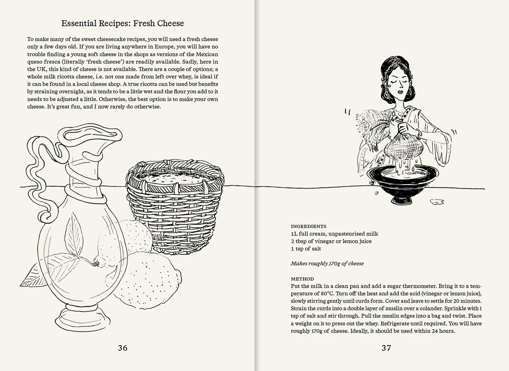 An illustrated spread from Apartamento Roman Recipes for Modern Cooks by Apartamento shows a jug, cheese basket, and lemon on the left, and a woman straining curds on the right alongside the Fresh Cheese recipe with ingredients and instructions.
