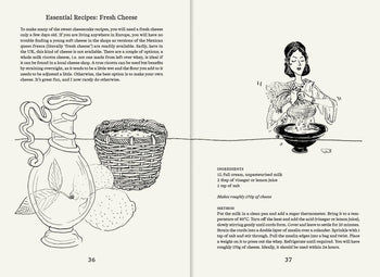 An illustrated spread from Apartamento Roman Recipes for Modern Cooks by Apartamento shows a jug, cheese basket, and lemon on the left, and a woman straining curds on the right alongside the Fresh Cheese recipe with ingredients and instructions.