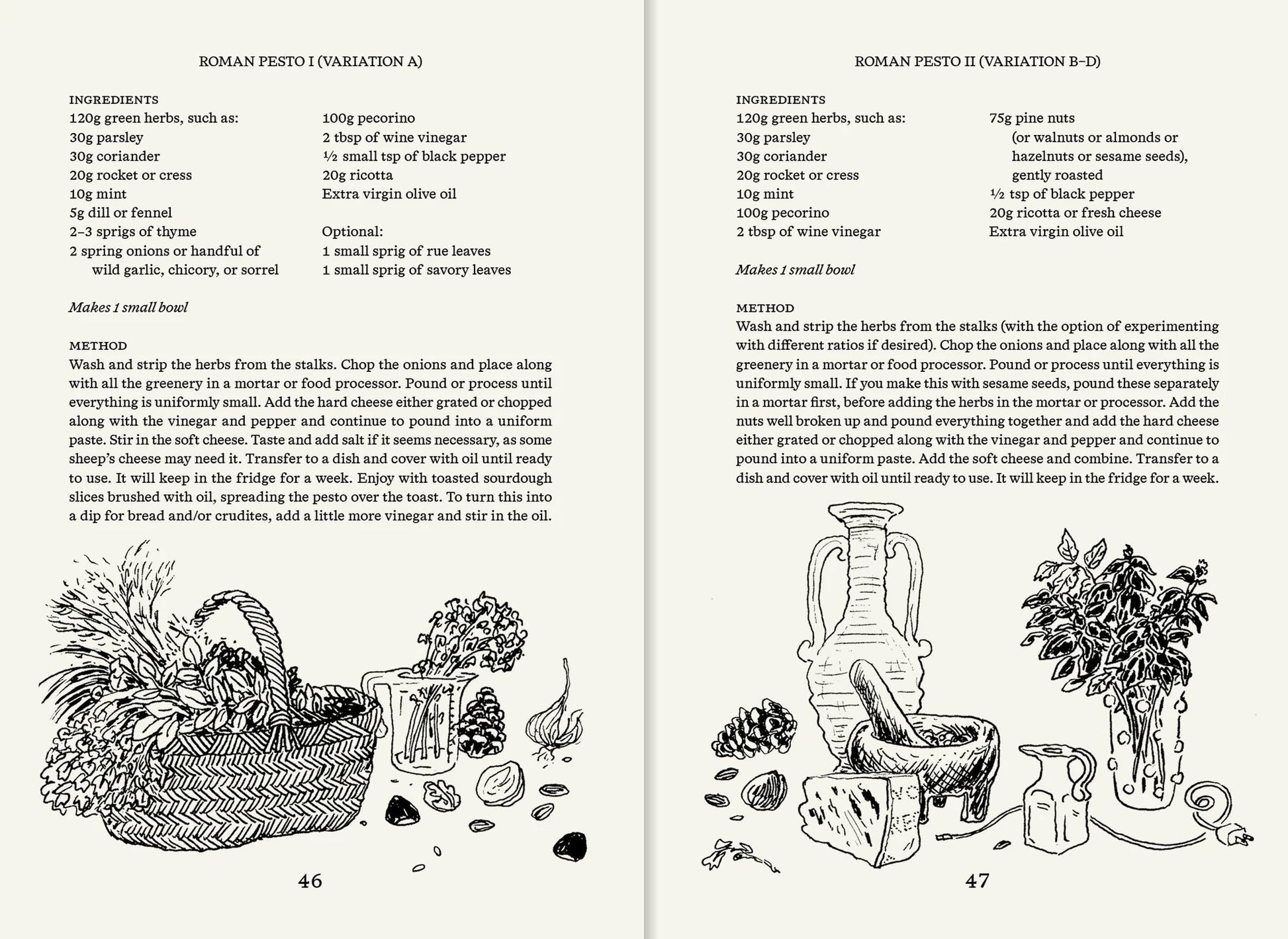 Pages 46 and 47 from Apartamento’s Roman Recipes for Modern Cooks feature two illustrated Roman pesto recipes, including ingredient lists, prep steps, and black-and-white drawings of herbs, kitchen tools, and a produce basket.