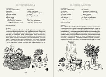 Pages 46 and 47 from Apartamento’s Roman Recipes for Modern Cooks feature two illustrated Roman pesto recipes, including ingredient lists, prep steps, and black-and-white drawings of herbs, kitchen tools, and a produce basket.