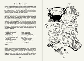 Black and white illustration of ingredients and utensils for Roman cuisine from Apartamento Roman Recipes for Modern Cooks by Apartamento, showing pasta, cheese, eggs, and more with recipe instructions in a cookbook-style layout on adjacent pages.