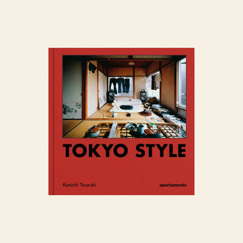 A red book cover shows a large format photo of a cluttered tatami room. Apartamento Tokyo Style appears in bold black, with Kyoichi Tsuzuki and the Apartamento brand name below.